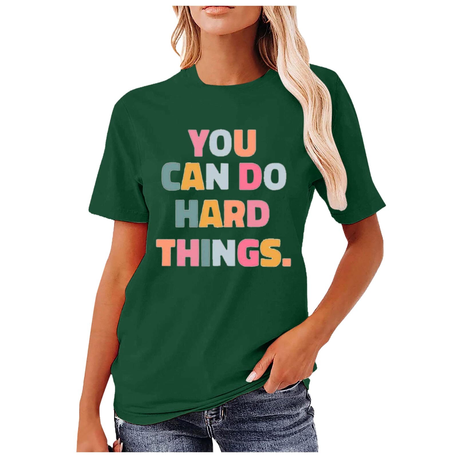 thumbnail image 2 of Camiseta gráfica para mujeres «You Hard Things» (Tú, cosas difíciles) para profesoras: manga corta, cuello redondo, estampado motivador, mezcla de poliéster y spandex, camiseta informal sobre salud, 2 of 5